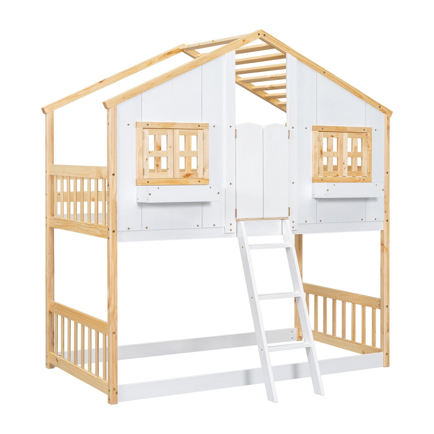 Little Play World twin-over-twin kids house bunk bed with playhouse design, toddler and princess bed in natural white.