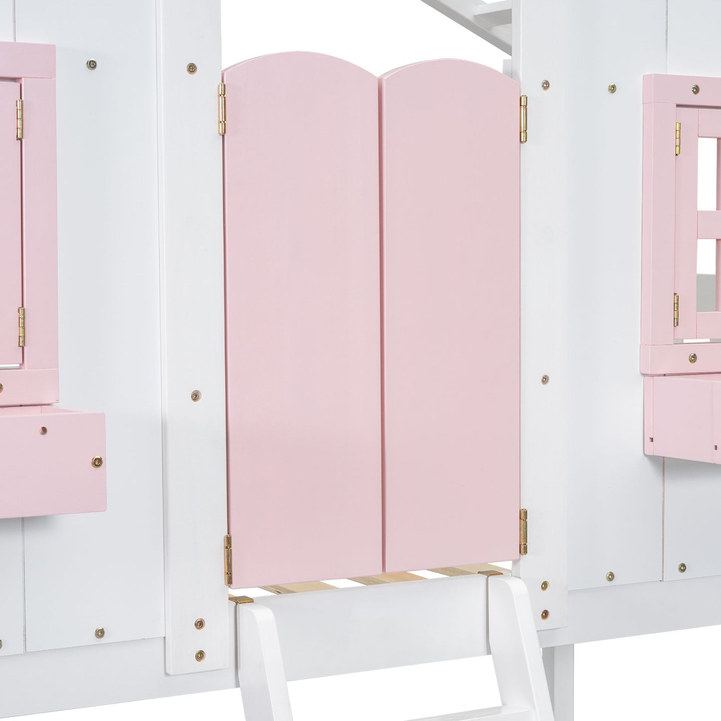 Little Play World twin-over-twin house bunk bed for kids, featuring a playful house and princess design in natural white.