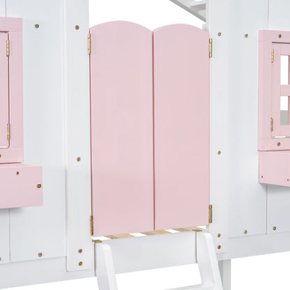 Little Play World twin-over-twin house bunk bed for kids, featuring a playful house and princess design in natural white.