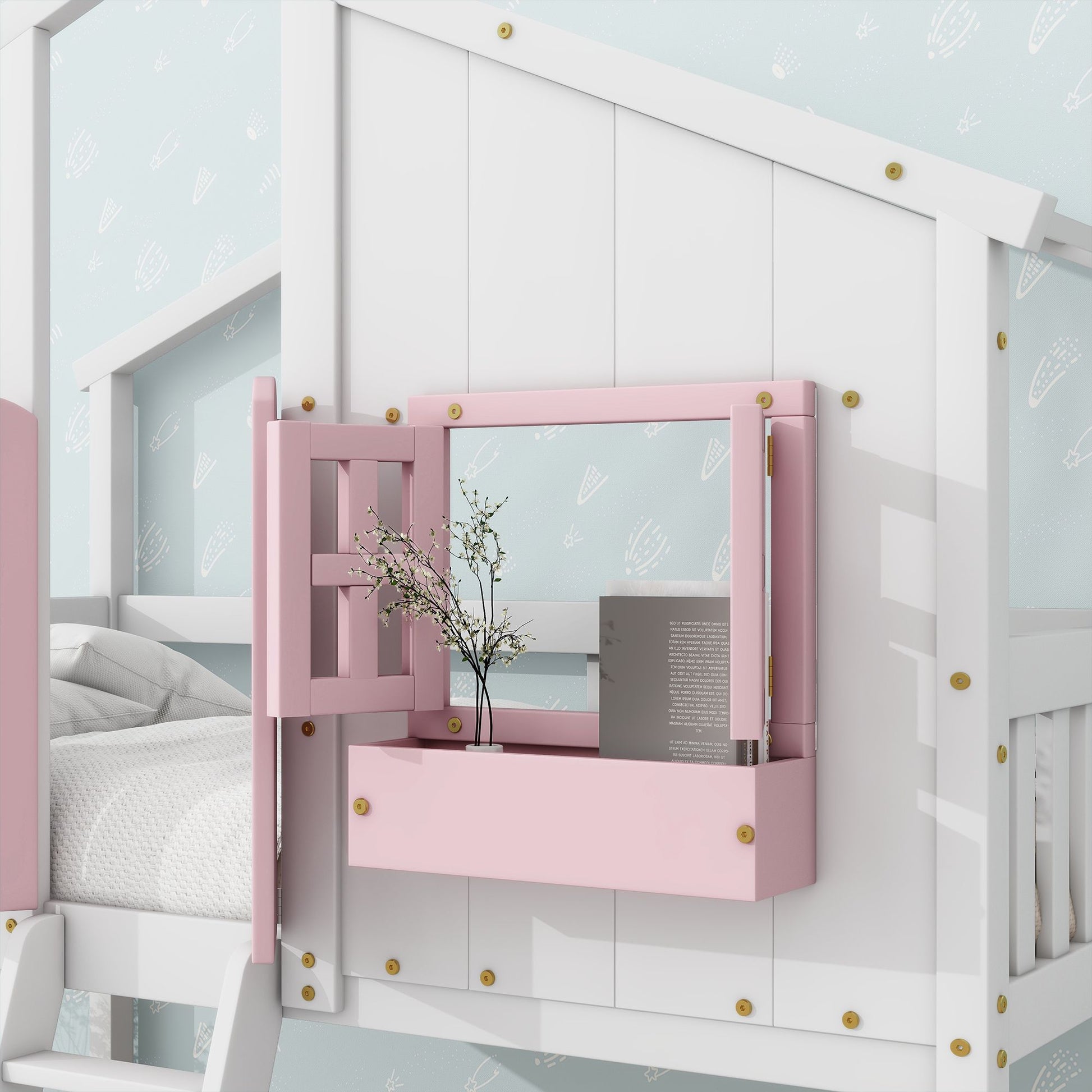 Little Play World twin-over-twin house bunk bed for kids, featuring a playful house design in natural white, perfect for toddlers and kids.