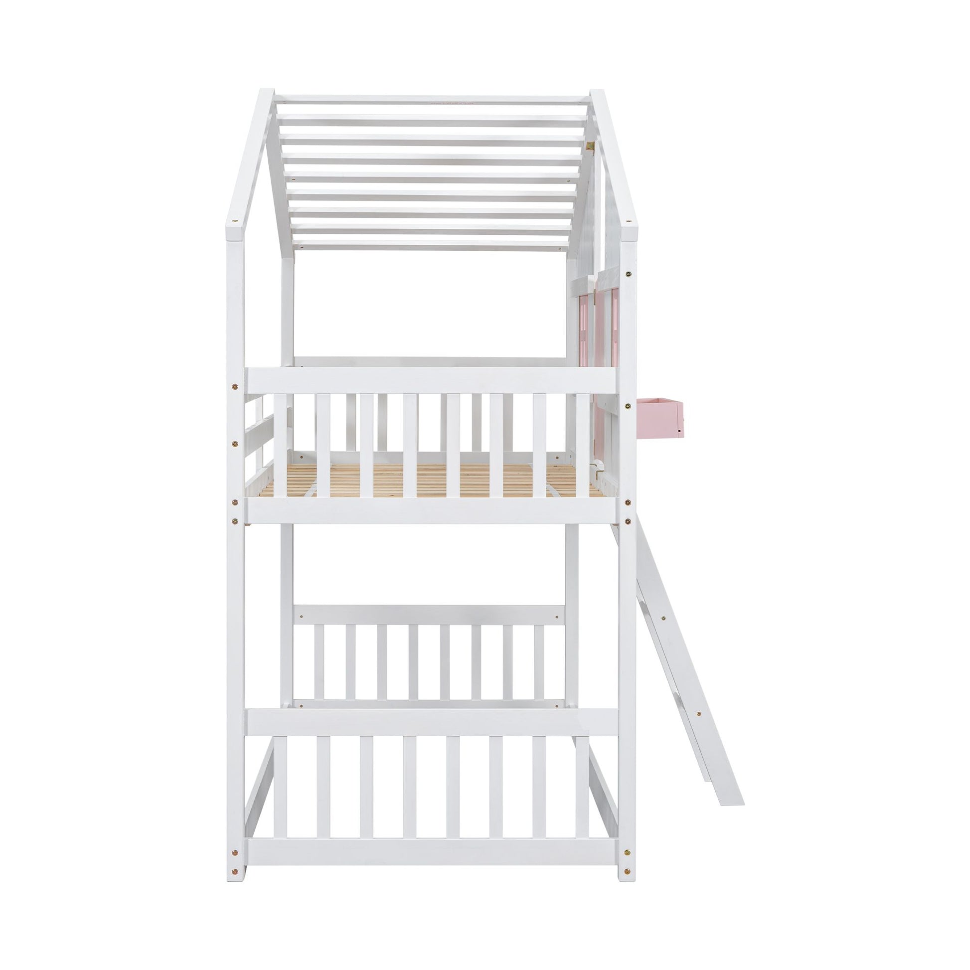 Little Play World HavenHome Twin-over-Twin house bunk bed for kids, featuring a playhouse design in natural white.