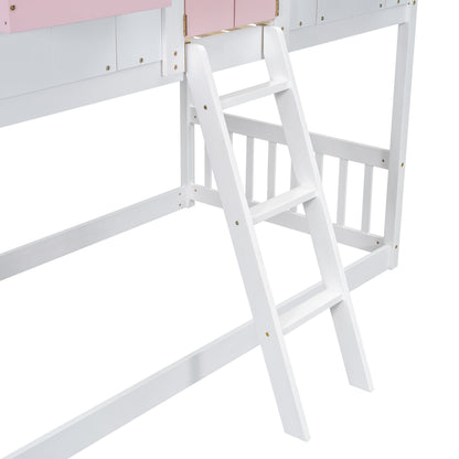 Little Play World twin-over-twin house bunk bed for kids with playful house and car themes in natural white finish.