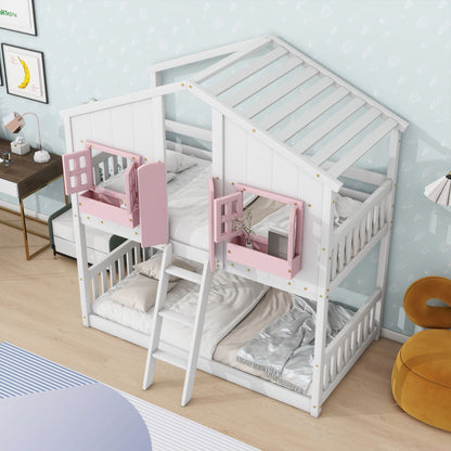 Little Play World twin-over-twin house bunk bed for kids with playful house design, perfect for toddlers and young children.