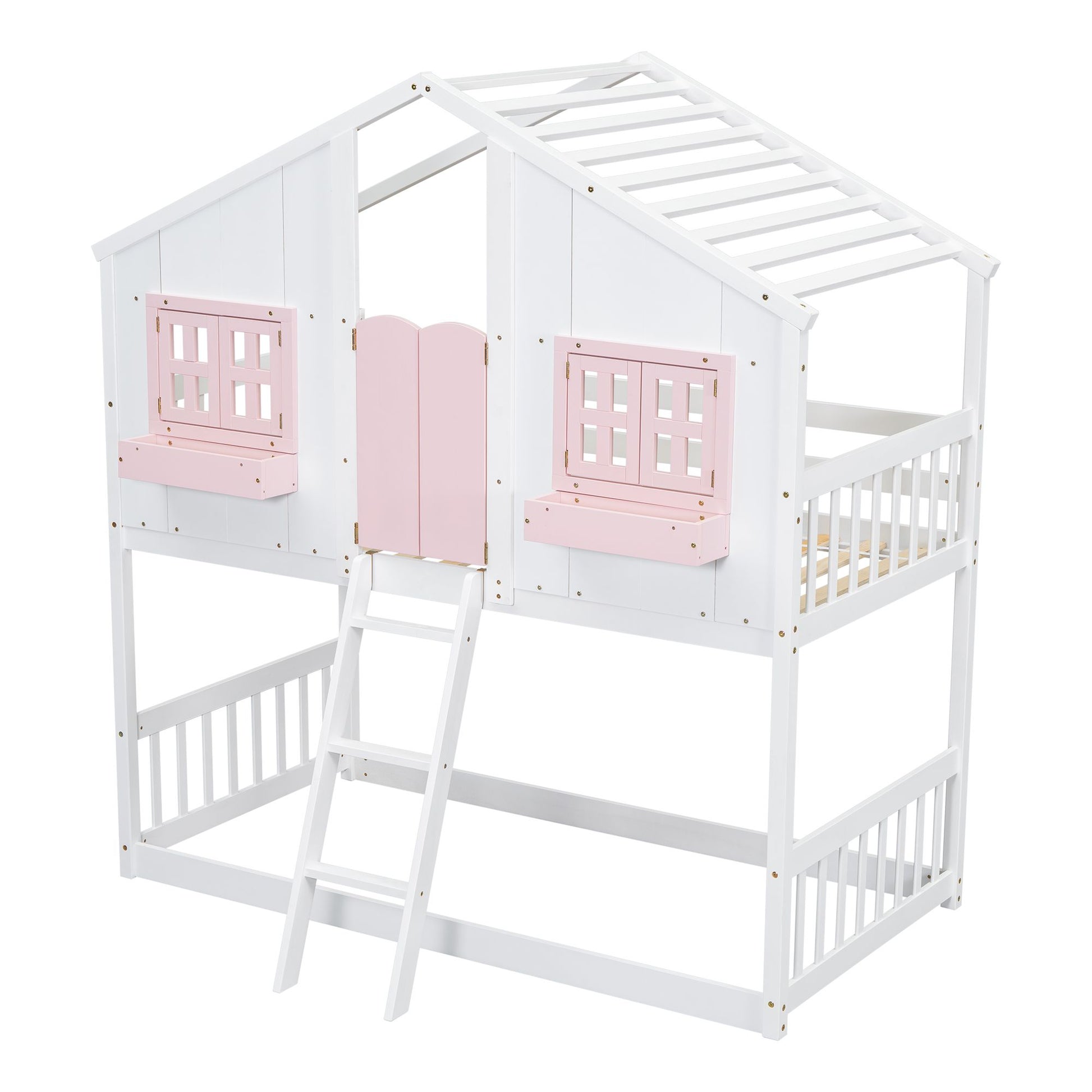 Little Play World HavenHome twin-over-twin house bunk bed for kids, featuring a playful house and princess design in natural white.