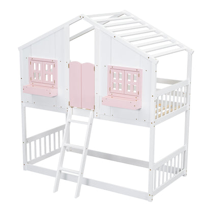 Little Play World HavenHome twin-over-twin house bunk bed for kids, featuring a playful house and princess design in natural white.