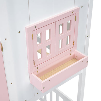 Little Play World twin-over-twin house bunk bed for kids, featuring playful house design in natural white, ideal for toddlers and children.