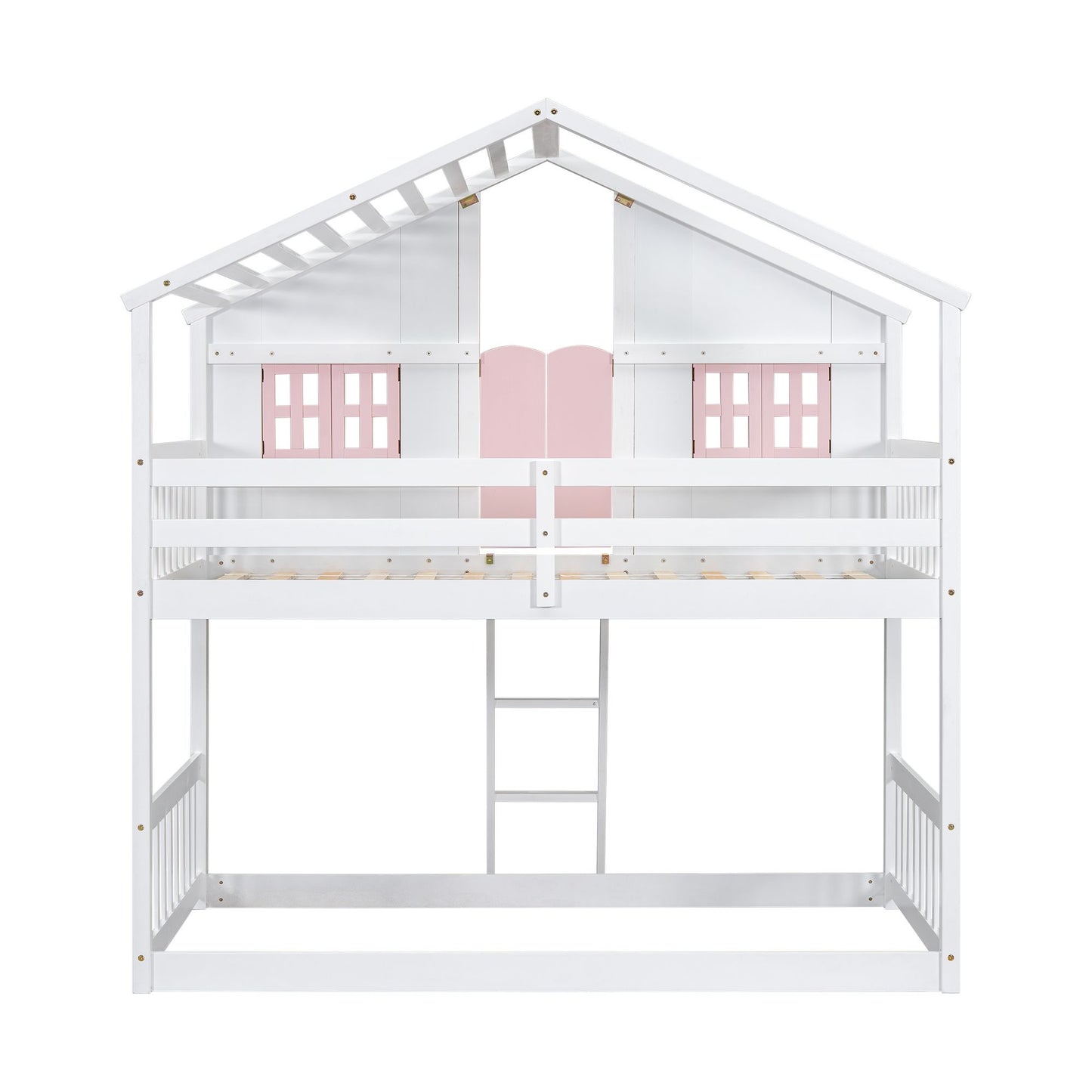 Little Play World twin-over-twin house bunk bed for kids with a natural white finish, featuring playful house and car themes.