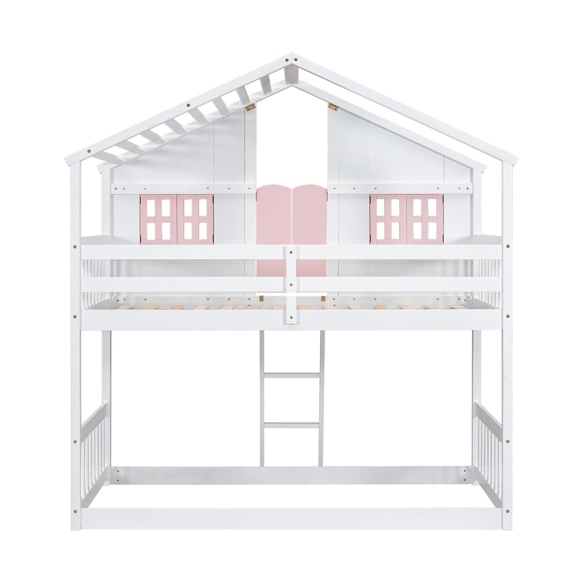 Little Play World twin-over-twin house bunk bed for kids with a natural white finish, featuring playful house and car themes.
