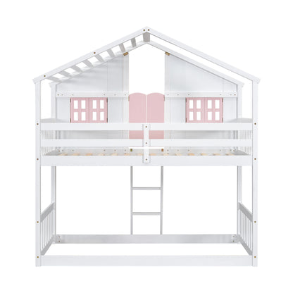 Little Play World twin-over-twin house bunk bed for kids with a natural white finish, featuring playful house and car themes.