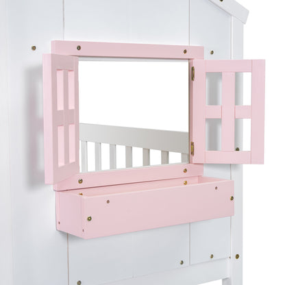 Little Play World twin-over-twin house bunk bed for kids with playful house and car themes, in natural white finish.