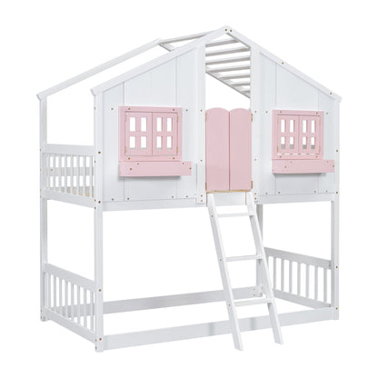 Little Play World twin-over-twin house bunk bed for kids with a playful house design, perfect for toddlers and young children.