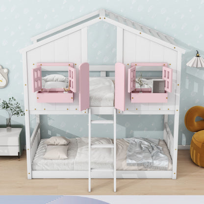 Little Play World twin-over-twin house bunk bed for kids, featuring a playful house design in natural white, perfect for toddlers and kids.