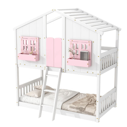 Little Play World twin-over-twin kids house bunk bed in natural white, featuring playful house and princess-themed design for children.