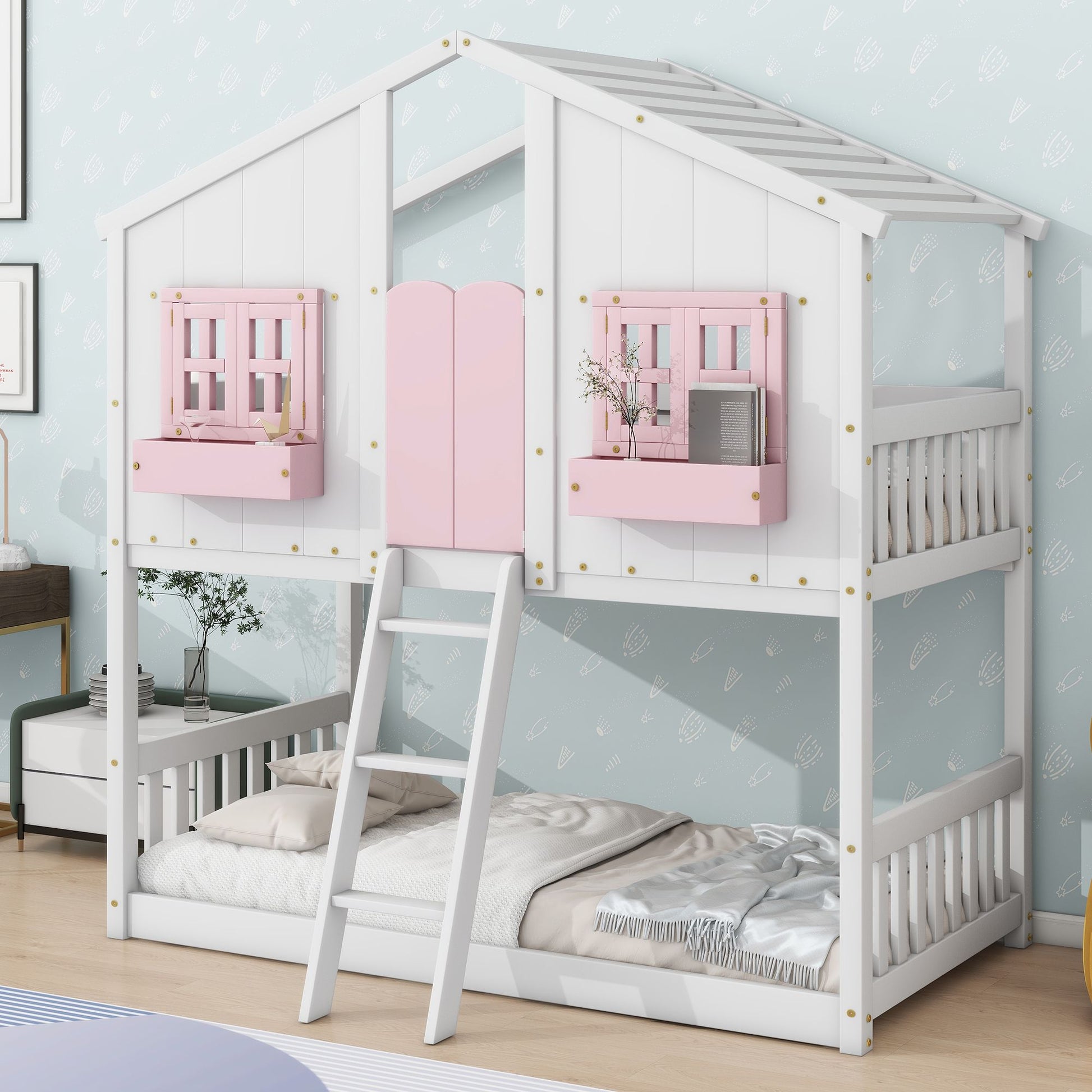 Little Play World twin-over-twin kids house bunk bed with playful house and car themes, natural white finish, perfect for toddlers and kids.