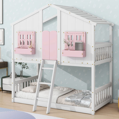 Little Play World twin-over-twin kids house bunk bed with playful house and car themes, natural white finish, perfect for toddlers and kids.