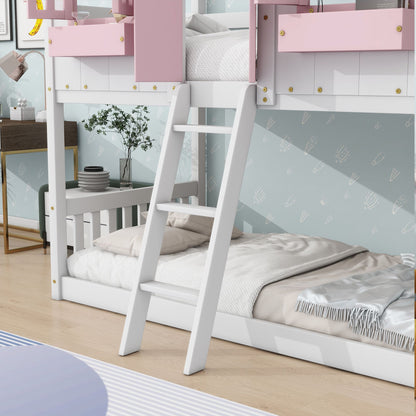 Little Play World twin-over-twin house bunk bed for kids with house and princess themes, natural white finish, suitable for toddlers and kids.