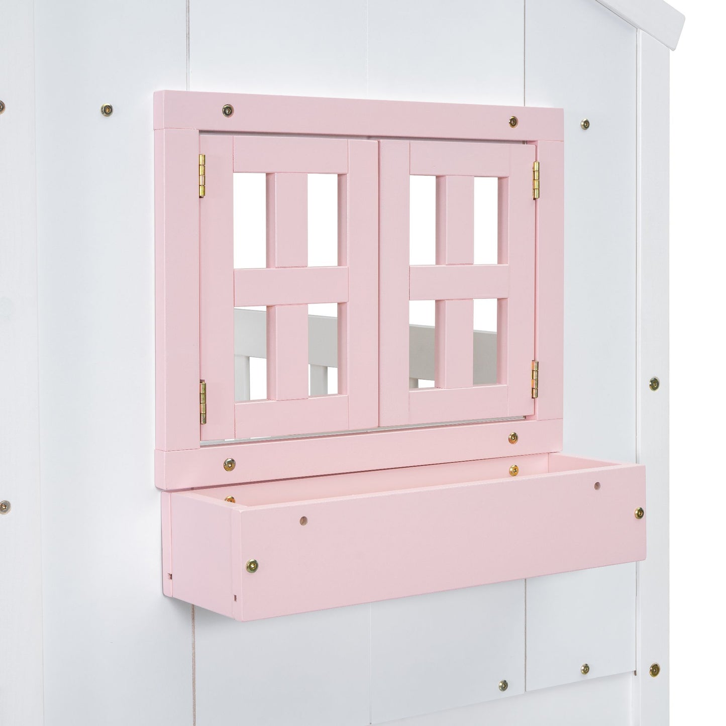 Little Play World twin-over-twin house bunk bed for kids, featuring a playful house design and natural white finish.