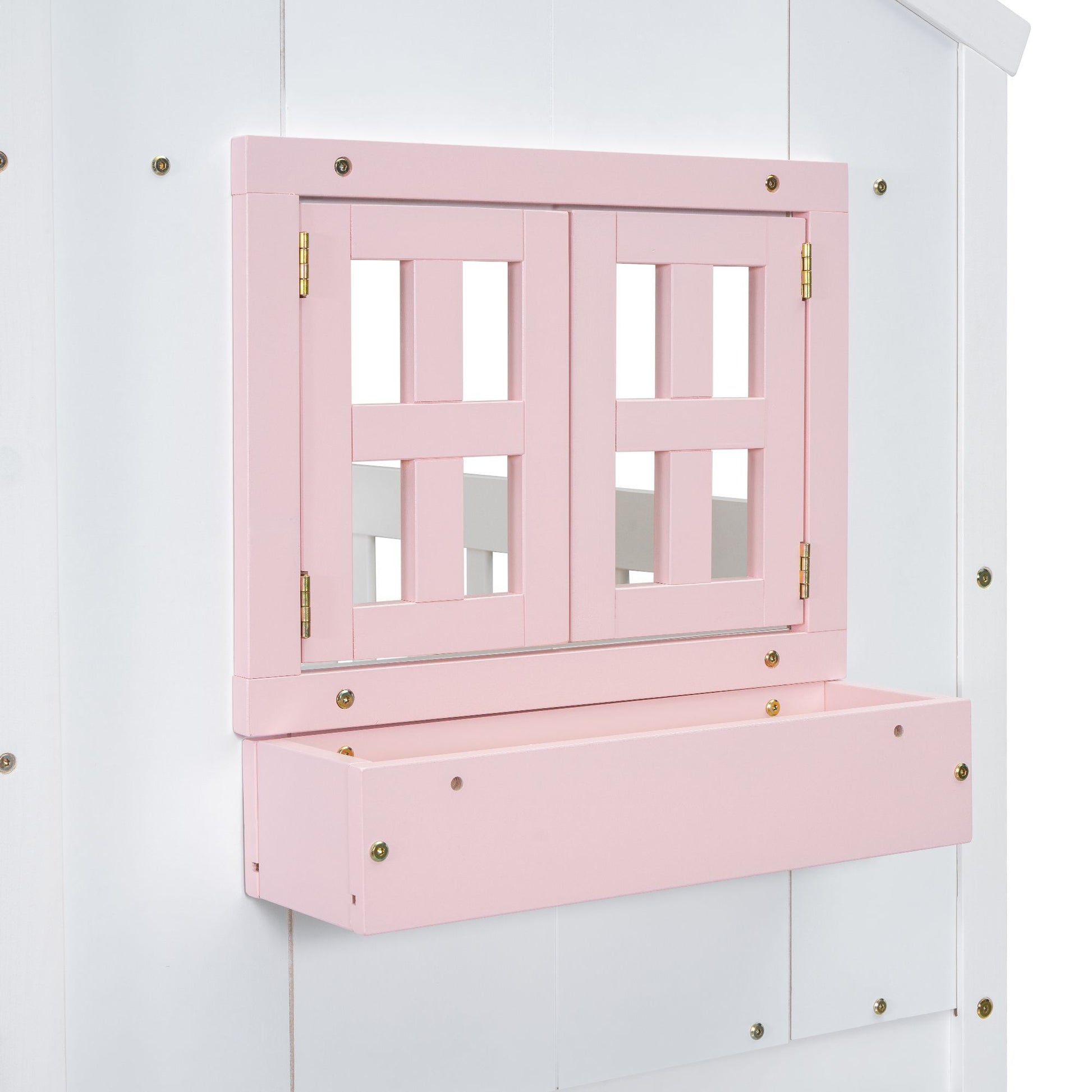 Little Play World twin-over-twin house bunk bed for kids, featuring a playful house design and natural white finish.