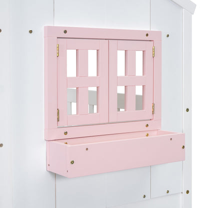 Little Play World twin-over-twin house bunk bed for kids, featuring a playful house design and natural white finish.