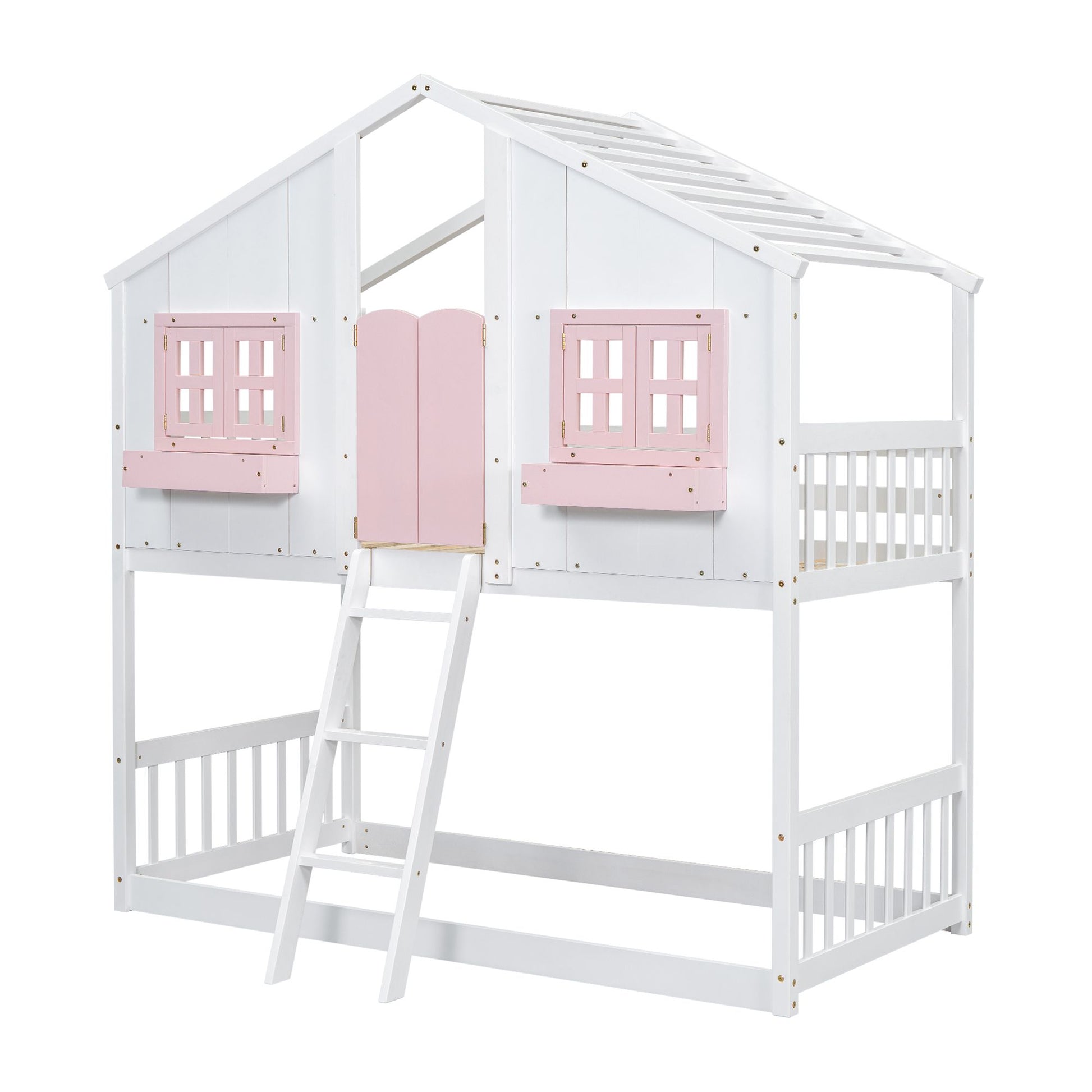 Little Play World twin-over-twin house bunk bed for kids, featuring a playful house design in natural white, perfect for toddlers and children.