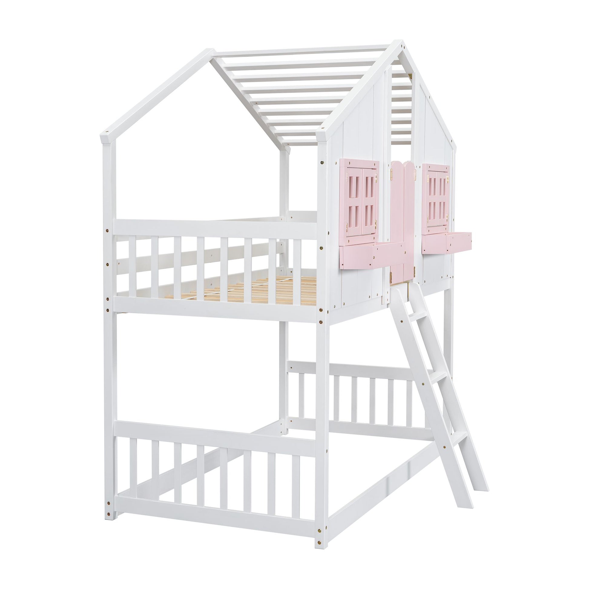 Little Play World twin-over-twin house bunk bed for kids, featuring a playful house design in natural white, suitable for toddlers and kids.