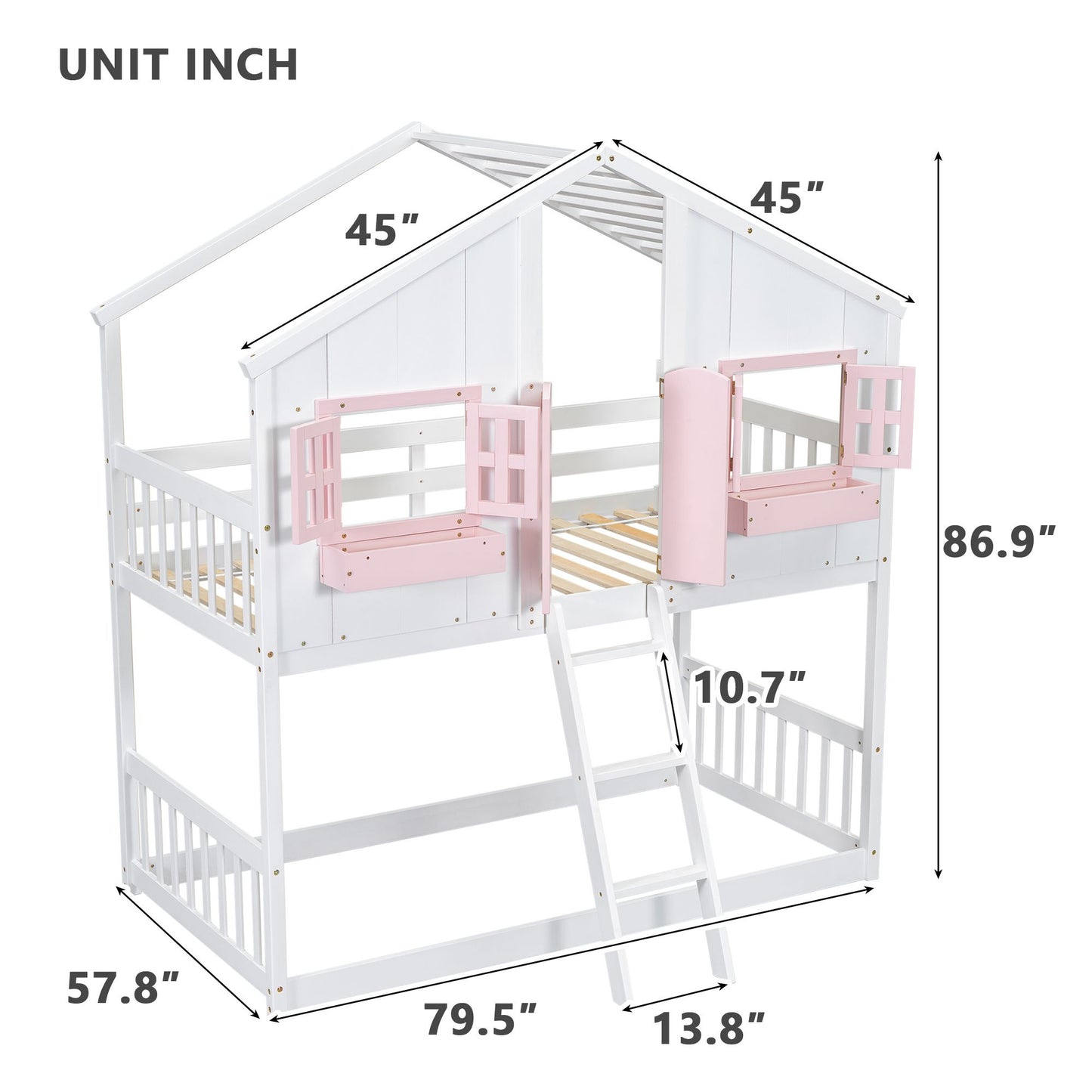 Little Play World twin-over-twin kids house bunk bed with playhouse design, white finish, perfect for toddlers and young children.