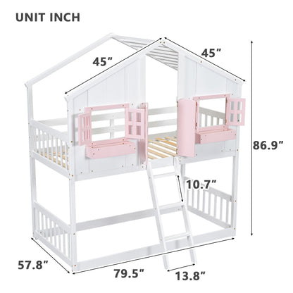 Little Play World twin-over-twin kids house bunk bed with playhouse design, white finish, perfect for toddlers and young children.