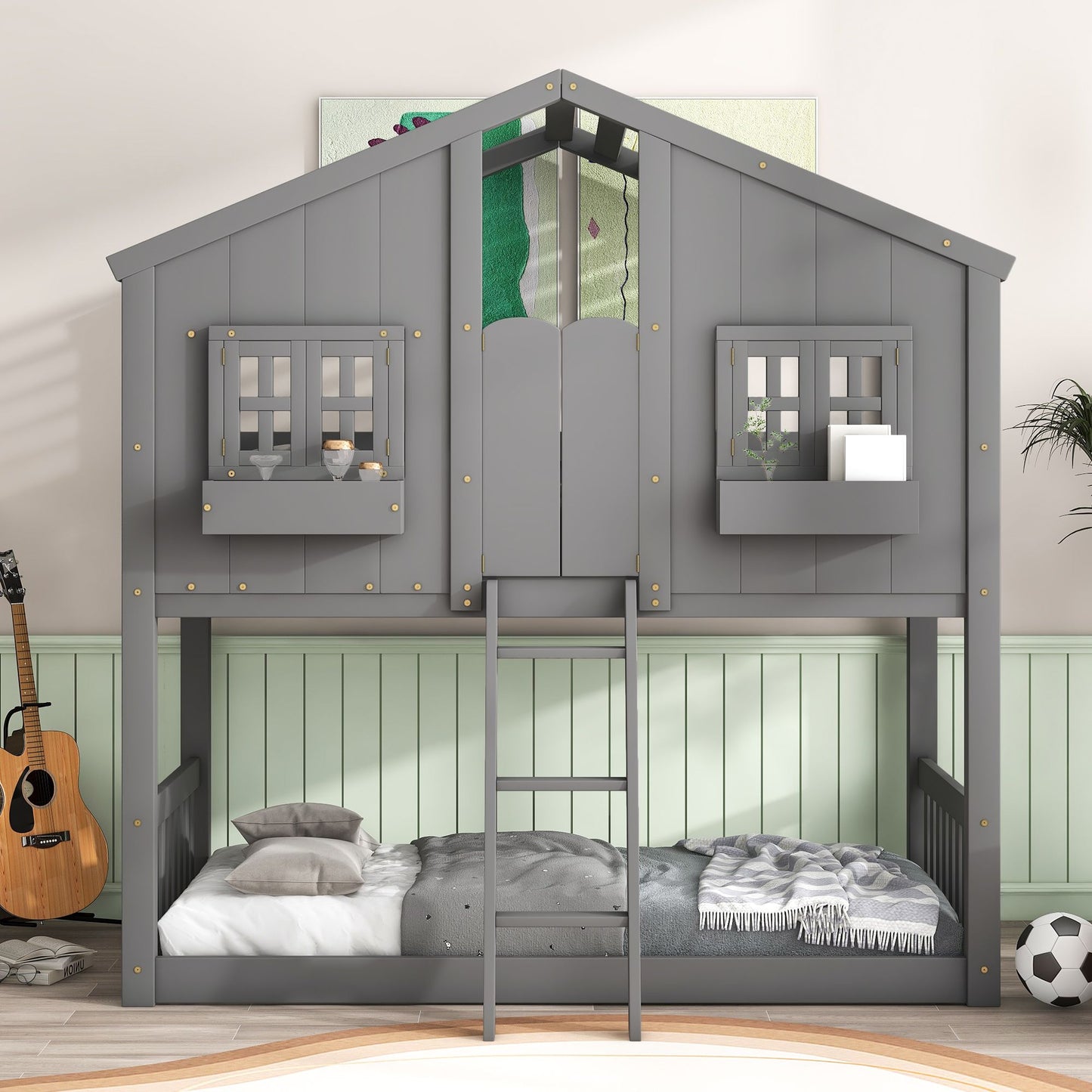 Little Play World twin-over-twin house bunk bed for kids in natural white, featuring a playful house and princess-themed design.