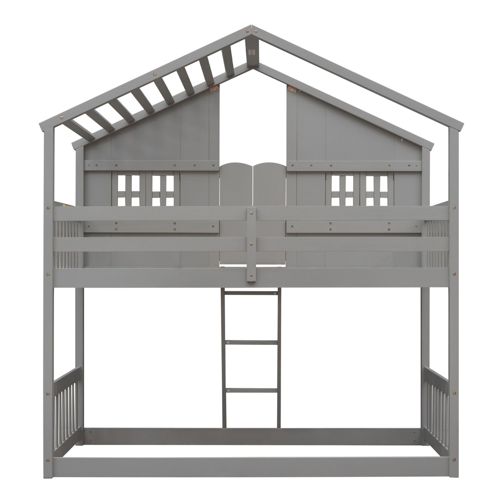 Little Play World twin-over-twin house bunk bed for kids with playful house and car design in natural white, perfect for toddlers and kids.