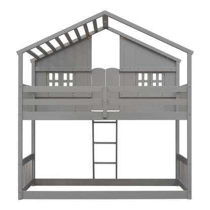Little Play World twin-over-twin house bunk bed for kids with playful house and car design in natural white, perfect for toddlers and kids.