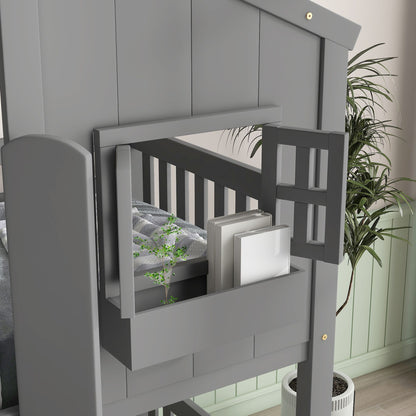 Little Play World twin-over-twin house bunk bed for kids, featuring a playful house design in natural white, ideal for toddlers and children.
