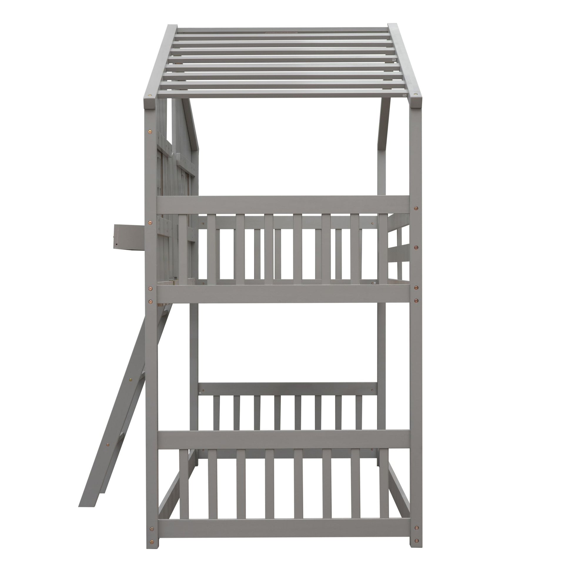 Little Play World twin-over-twin house bunk bed for kids, featuring a playful house design in natural white, perfect for toddlers and children.