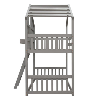 Little Play World twin-over-twin house bunk bed for kids, featuring a playful house design in natural white, perfect for toddlers and children.