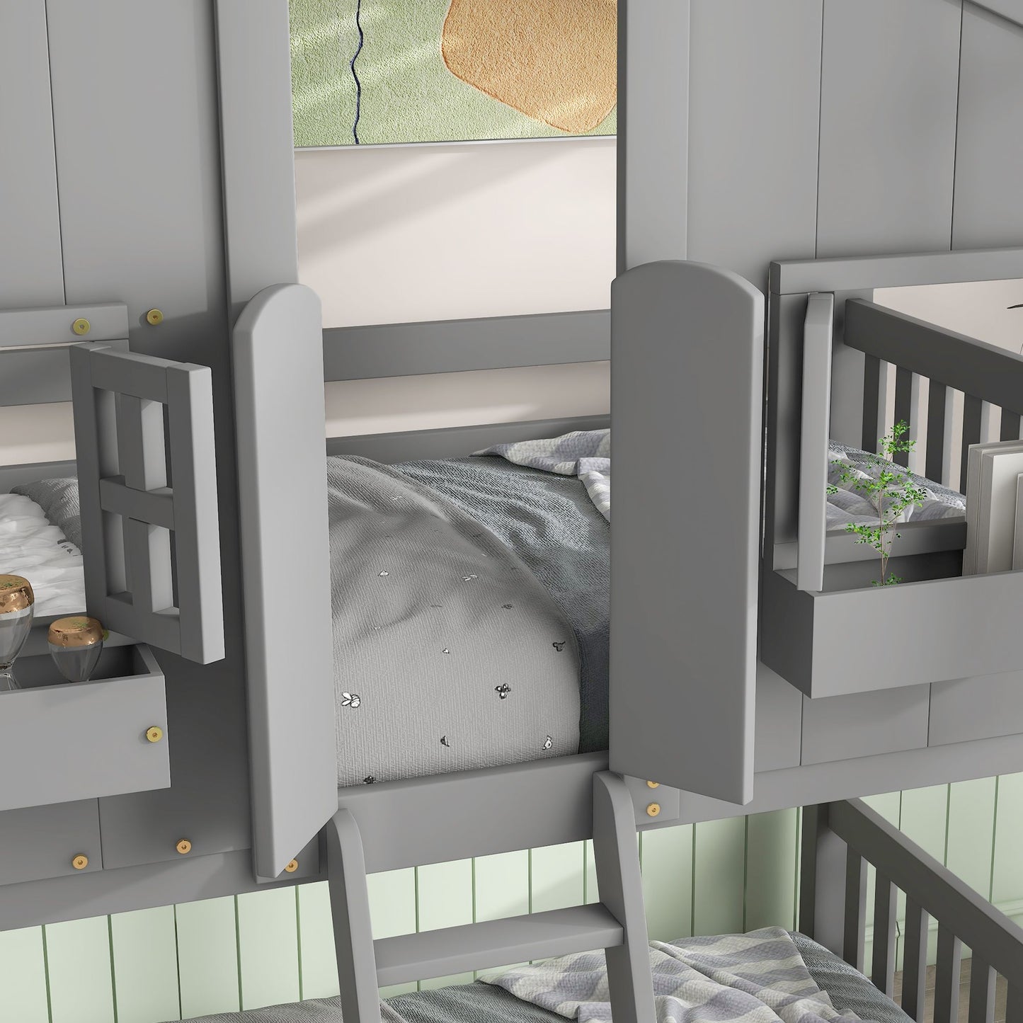Little Play World twin-over-twin house bunk bed for kids, featuring a playful house design in natural white, suitable for toddlers and kids.