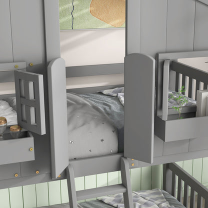 Little Play World twin-over-twin house bunk bed for kids, featuring a playful house design in natural white, suitable for toddlers and kids.