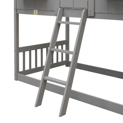Little Play World twin-over-twin house bunk bed for kids in natural white, featuring a playful house and car design for toddlers and children.