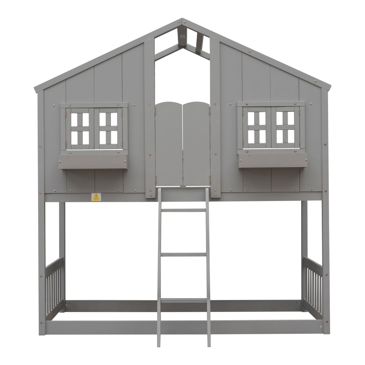 Little Play World twin-over-twin house bunk bed for kids with a playful, natural white finish, ideal for playhouse or princess-themed rooms.