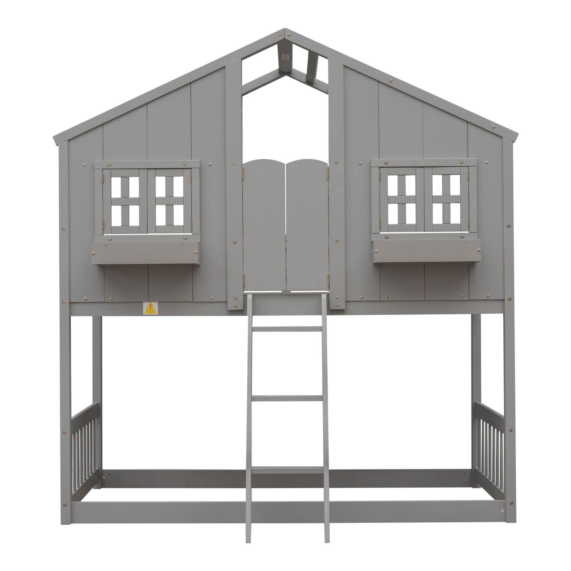 Little Play World twin-over-twin house bunk bed for kids with a playful, natural white finish, ideal for playhouse or princess-themed rooms.
