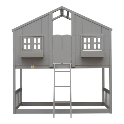 Little Play World twin-over-twin house bunk bed for kids with a playful, natural white finish, ideal for playhouse or princess-themed rooms.