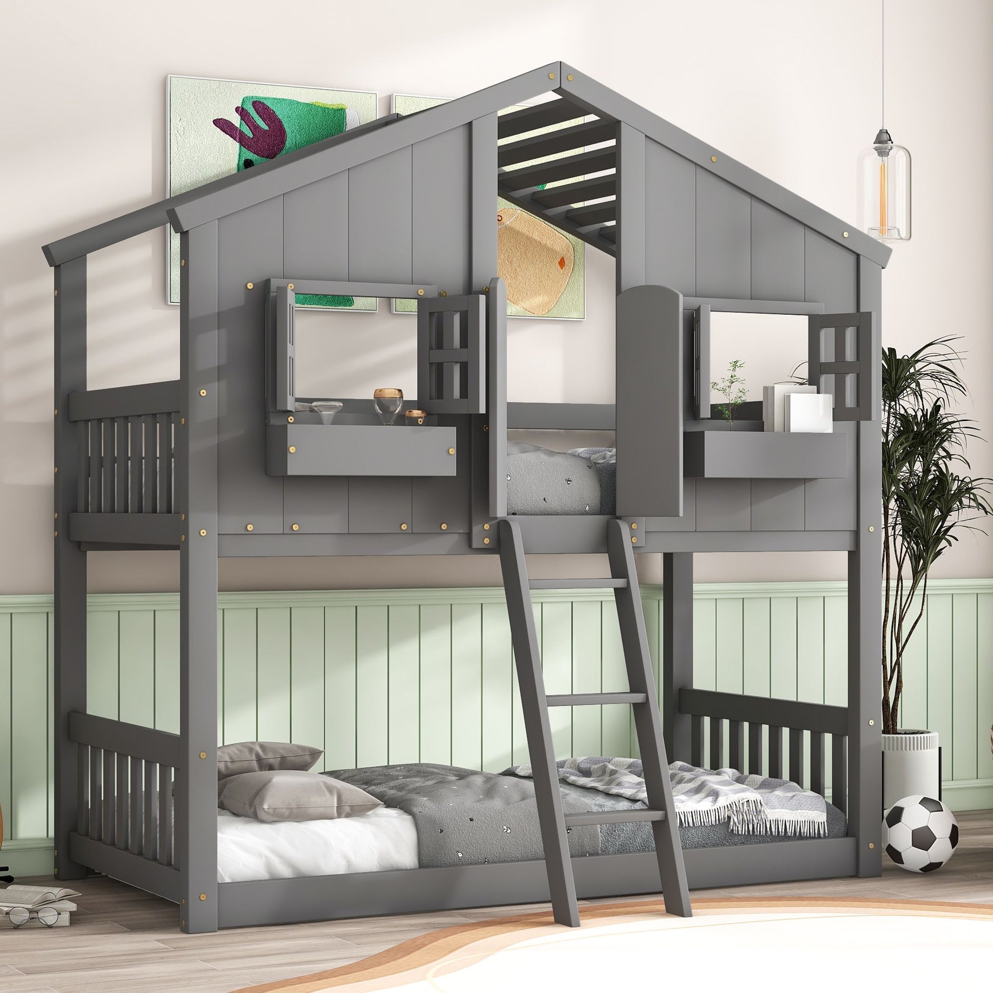 Little Play World twin-over-twin house bunk bed for kids with playful house design, perfect for toddlers and young children.