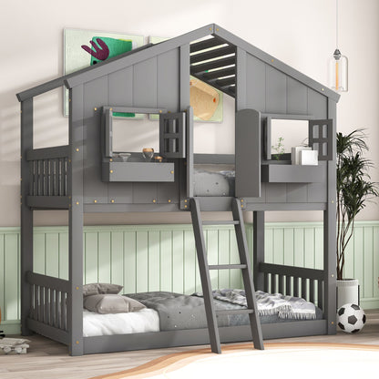 Little Play World twin-over-twin house bunk bed for kids with playful house design, perfect for toddlers and young children.