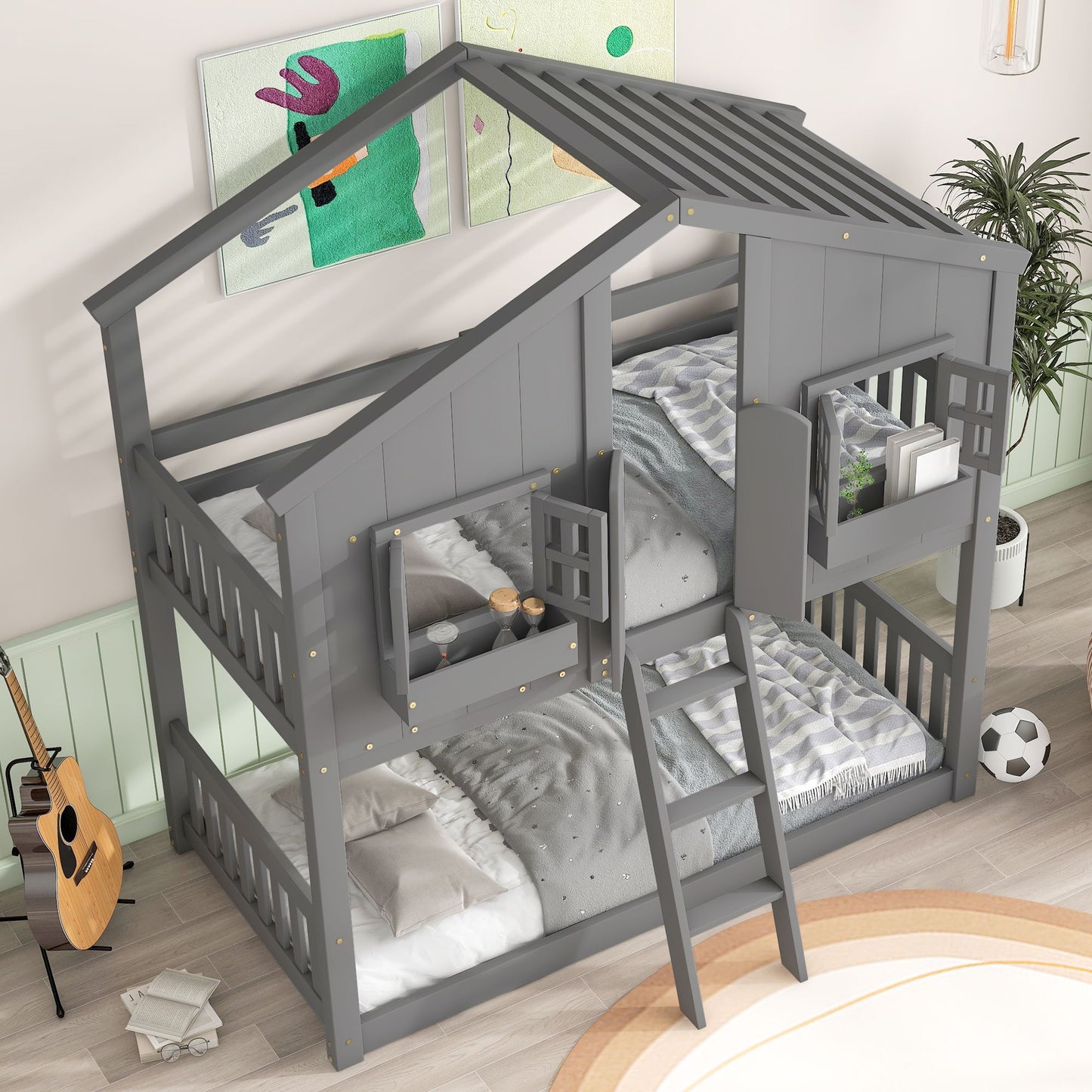 Little Play World twin-over-twin house bunk bed for kids, featuring a playful house design, natural white finish, perfect for toddlers and kids.