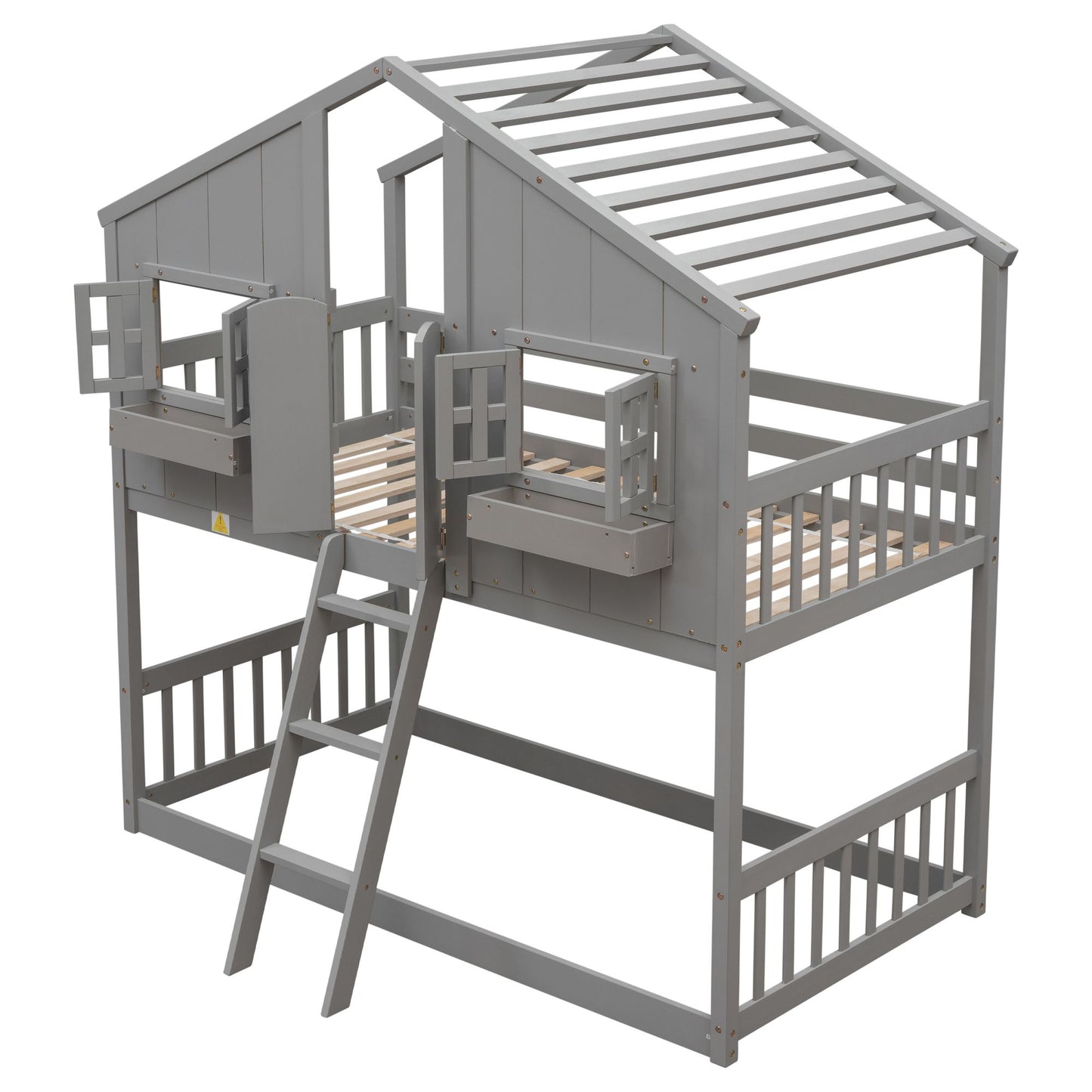Little Play World twin-over-twin house bunk bed for kids, featuring a playful kids house, princess, and toddler bed design in natural white.