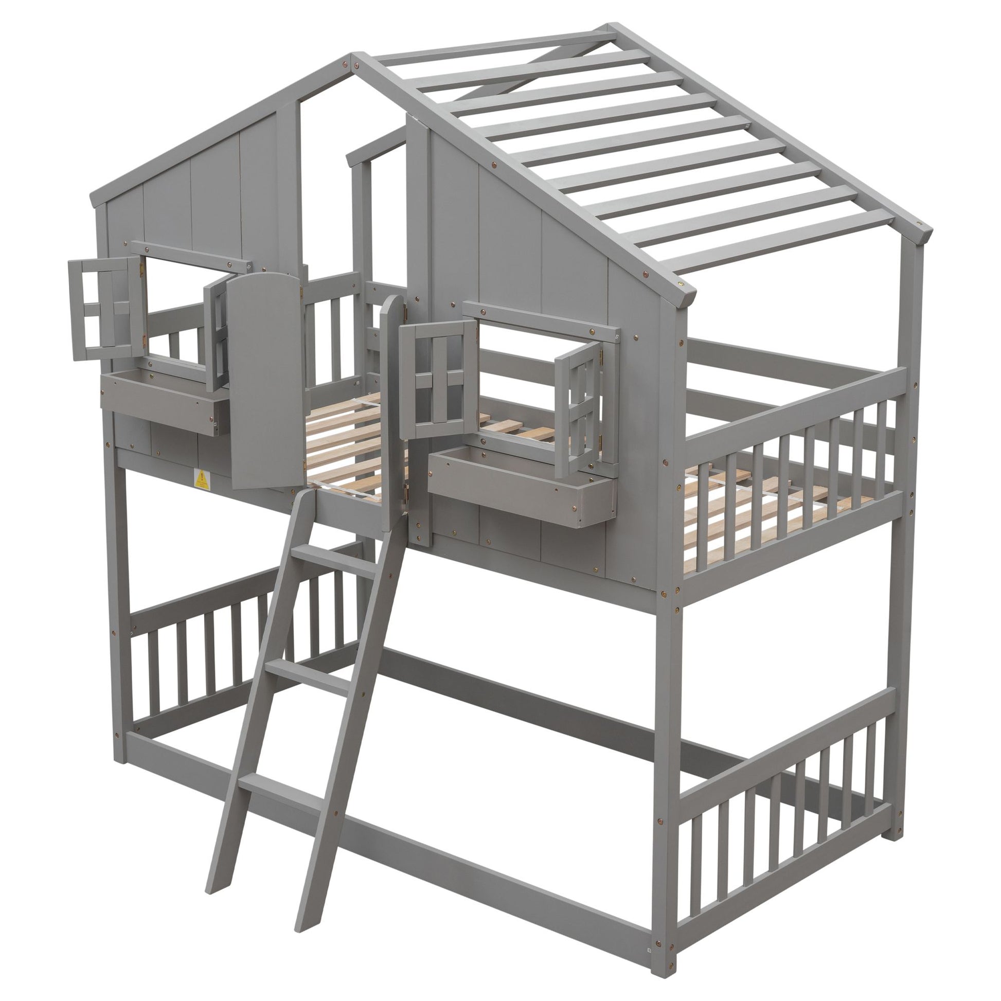 Little Play World twin-over-twin house bunk bed for kids, featuring a playful kids house, princess, and toddler bed design in natural white.