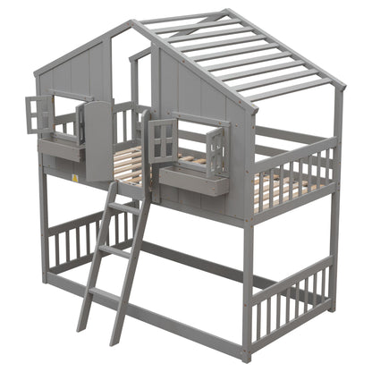 Little Play World twin-over-twin house bunk bed for kids, featuring a playful kids house, princess, and toddler bed design in natural white.
