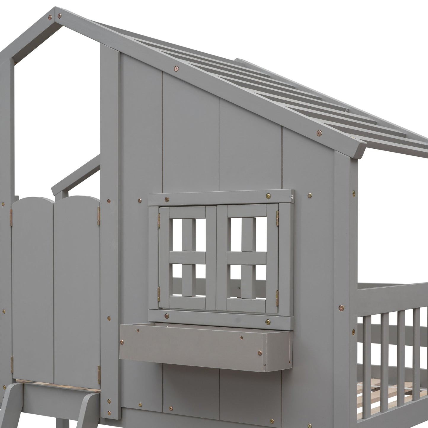 Little Play World twin-over-twin house bunk bed for kids, featuring a playful house design in natural white, perfect for toddlers.