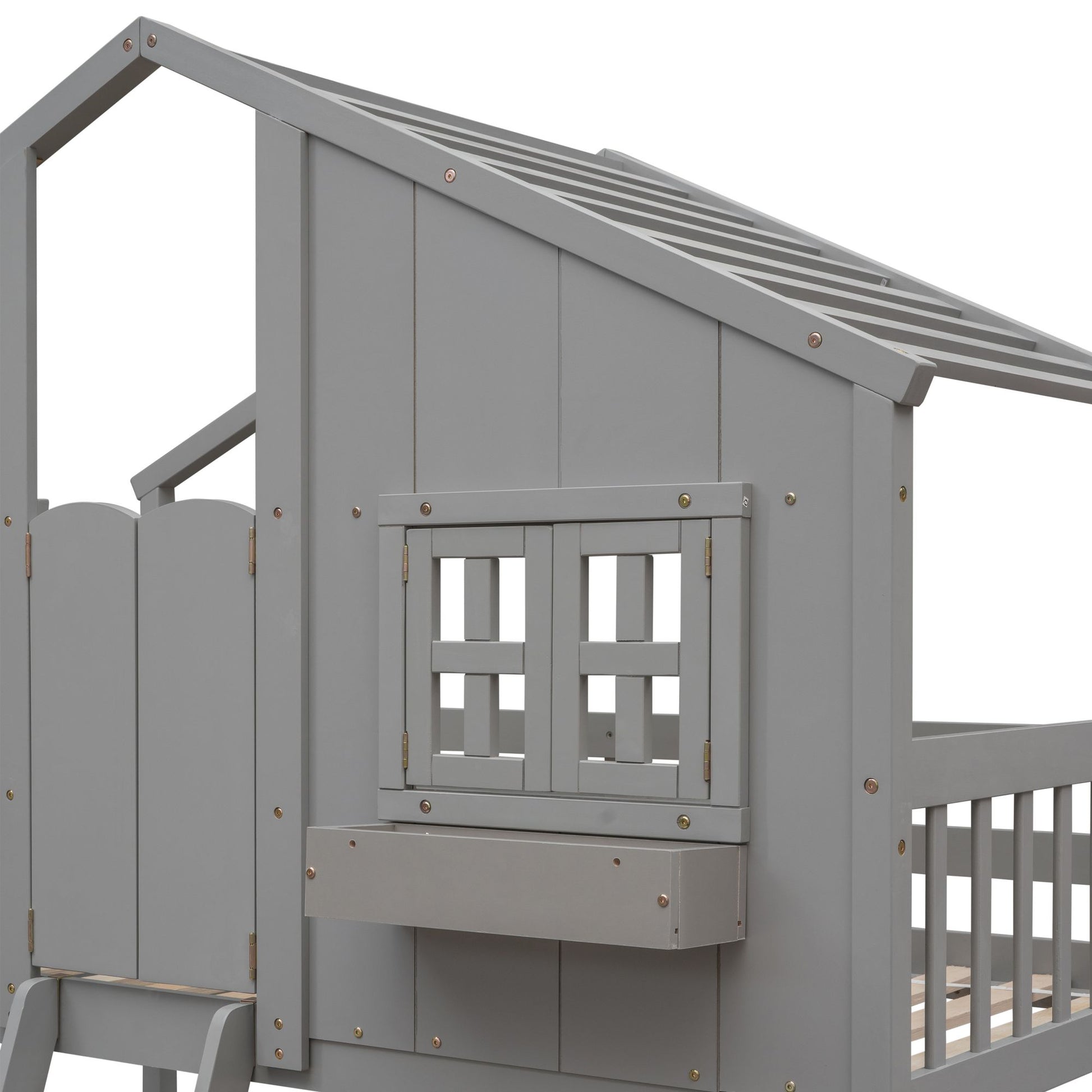 Little Play World twin-over-twin house bunk bed for kids, featuring a playful house design in natural white, perfect for toddlers.