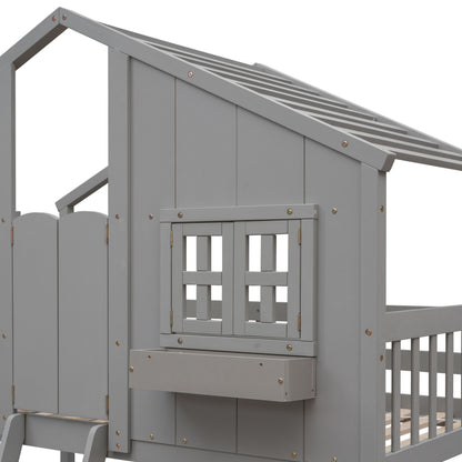 Little Play World twin-over-twin house bunk bed for kids, featuring a playful house design in natural white, perfect for toddlers.