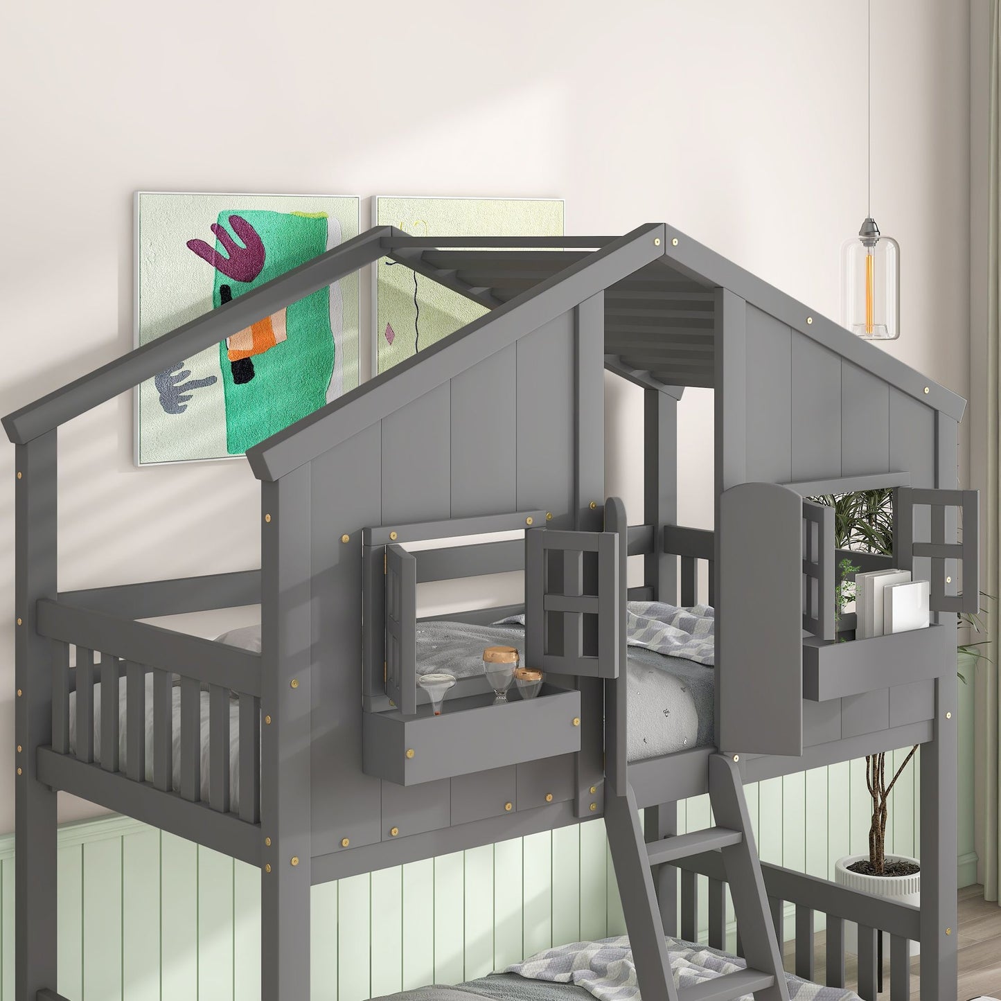 Little Play World twin-over-twin house bunk bed for kids with playhouse design, natural white finish, perfect for toddlers and kids.