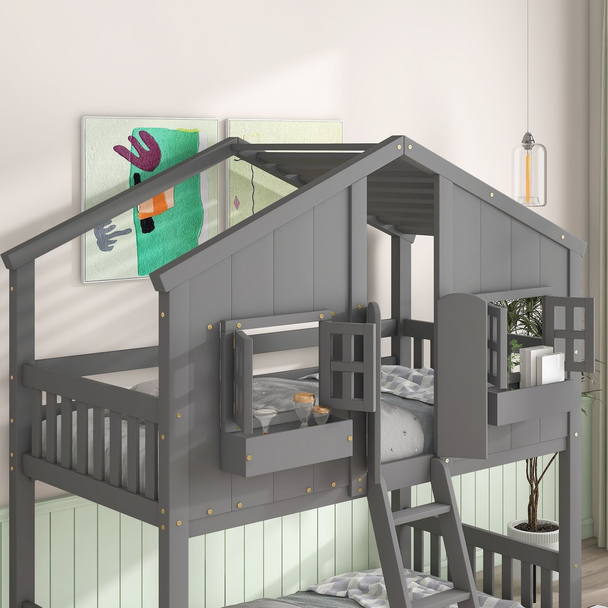 Little Play World twin-over-twin house bunk bed for kids with playhouse design, natural white finish, perfect for toddlers and kids.